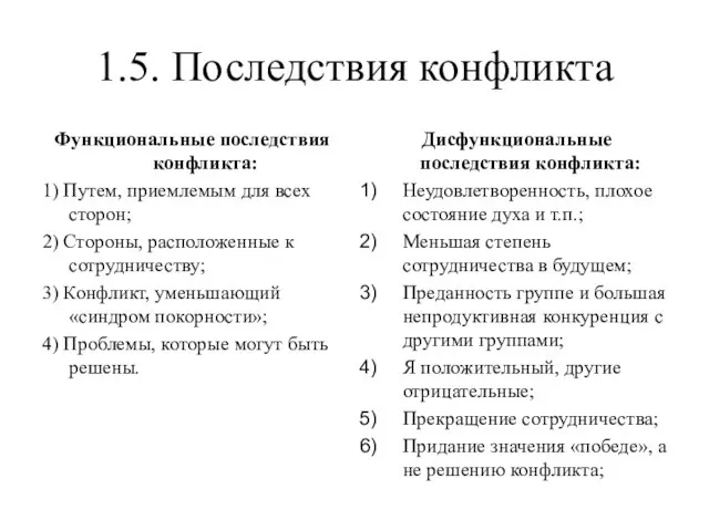 1.5. Последствия конфликта Функциональные последствия конфликта: 1) Путем, приемлемым для всех сторон;