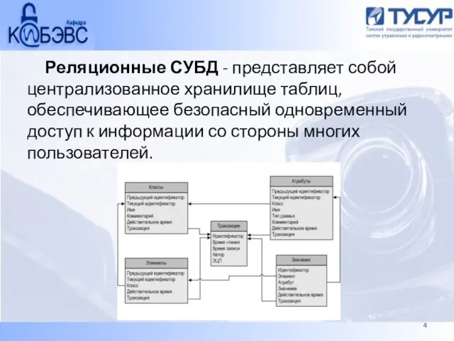 Реляционные СУБД - представляет собой централизованное хранилище таблиц, обеспечивающее безопасный одновременный доступ