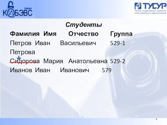 Студенты Фамилия Имя Отчество Группа Петров Иван Васильевич 529-1 Петрова Сидорова Мария