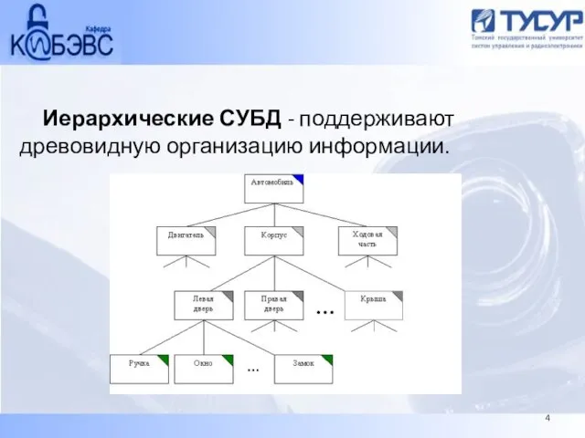 Иерархические СУБД - поддерживают древовидную организацию информации. 4