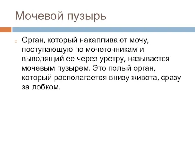 Мочевой пузырь Орган, который накапливают мочу, поступающую по мочеточникам и выводящий ее