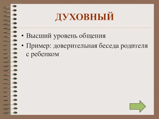 ДУХОВНЫЙ Высший уровень общения Пример: доверительная беседа родителя с ребенком