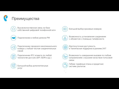 Преимущества Высококачественная связь на базе собственной цифровой телефонной сети Подключение в любом