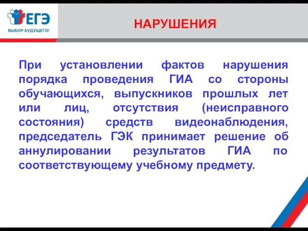 НАРУШЕНИЯ При установлении фактов нарушения порядка проведения ГИА со стороны обучающихся, выпускников