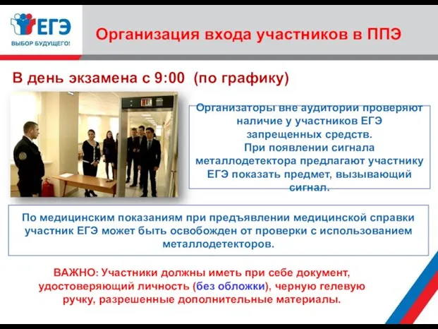 Организация входа участников в ППЭ Организаторы вне аудитории проверяют наличие у участников