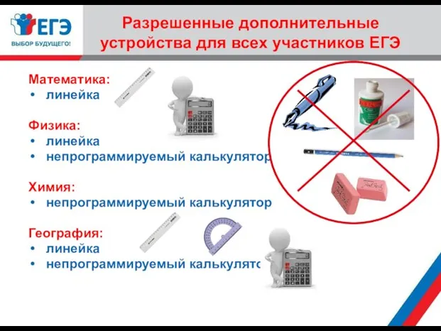 Разрешенные дополнительные устройства для всех участников ЕГЭ Математика: линейка Физика: линейка непрограммируемый