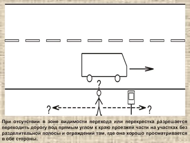 При отсутствии в зоне видимости перехода или перекрестка разрешается переходить дорогу под