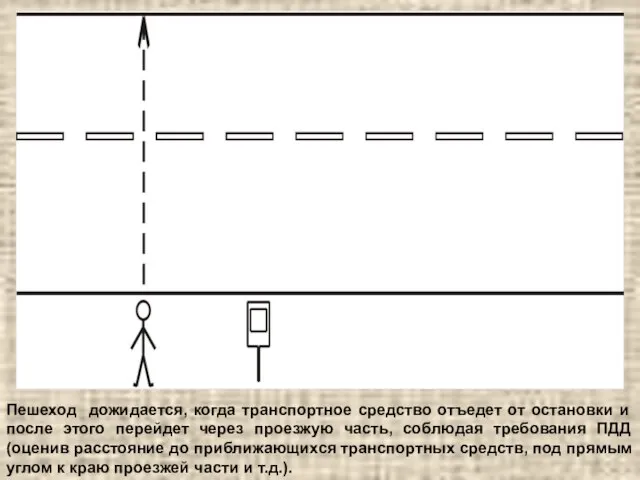 Пешеход дожидается, когда транспортное средство отъедет от остановки и после этого перейдет