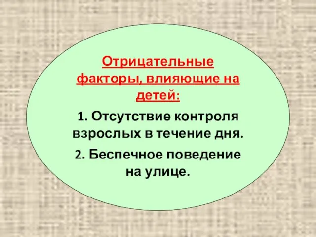 Отрицательные факторы, влияющие на детей: 1. Отсутствие контроля взрослых в течение дня.