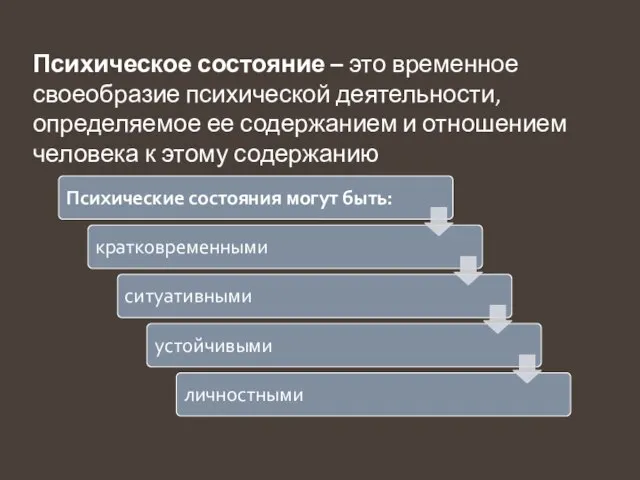 Психическое состояние – это временное своеобразие психической деятельности, определяемое ее содержанием и