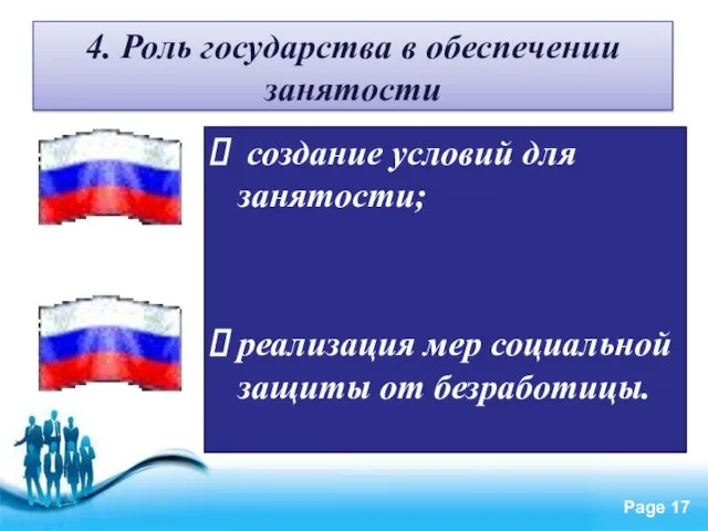 4. Роль государства в обеспечении занятости создание условий для занятости; реализация мер социальной защиты от безработицы.