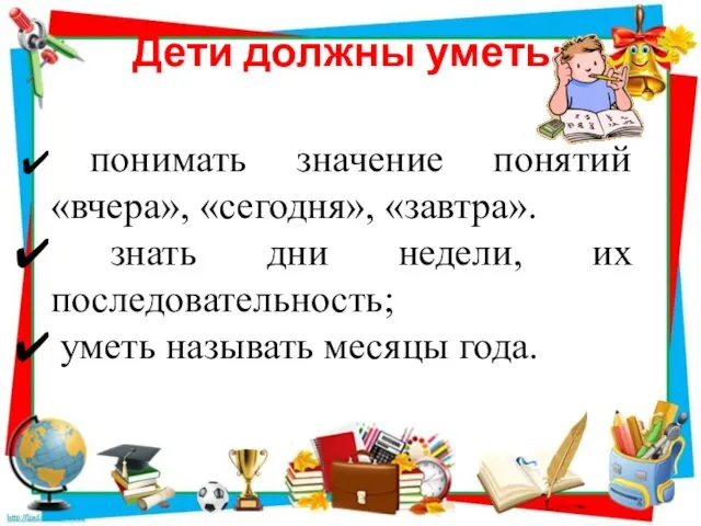 Дети должны уметь: понимать значение понятий «вчера», «сегодня», «завтра». знать дни недели,