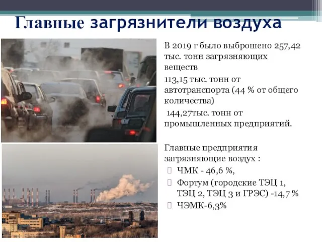 Главные загрязнители воздуха В 2019 г было выброшено 257,42 тыс. тонн загрязняющих