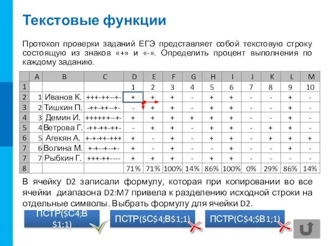 Текстовые функции Протокол проверки заданий ЕГЭ представляет собой текстовую строку состоящую из