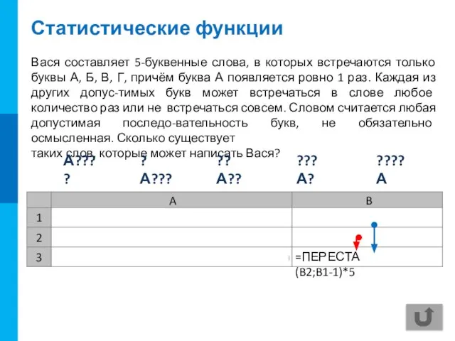 Статистические функции Вася составляет 5-буквенные слова, в которых встречаются только буквы А,