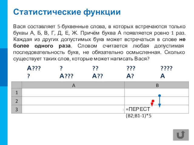 Статистические функции Вася составляет 5-буквенные слова, в которых встречаются только буквы А,