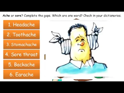 Ache or sore? Complete the gaps. Which are one word? Check in