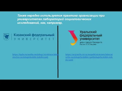 Также нередко используется практика организации при университетах лабораторий социологических исследований, как, например, https://kpfu.ru/media-sociology/struktura/laboratoriya-sociologicheskih-issledovanij https://urgi.urfu.ru/ru/socpolit/structure/laboratorija-sociologicheskikh-i-politologicheskikh-issledovanii/