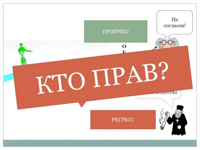 РЕГРЕСС ПРОГРЕСС ОБЩЕСТВО Преобладает во многих сферах жизни общества КТО ПРАВ?