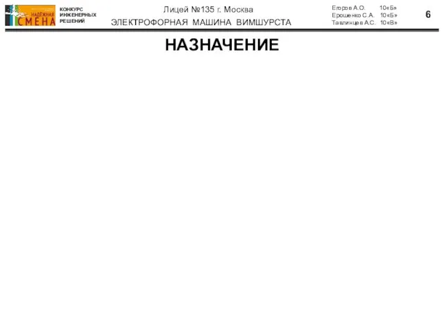 НАЗНАЧЕНИЕ Егоров А.О. 10«Б» Ерошенко С.А. 10«Б» Тавлинцев А.С. 10«В» ЭЛЕКТРОФОРНАЯ МАШИНА