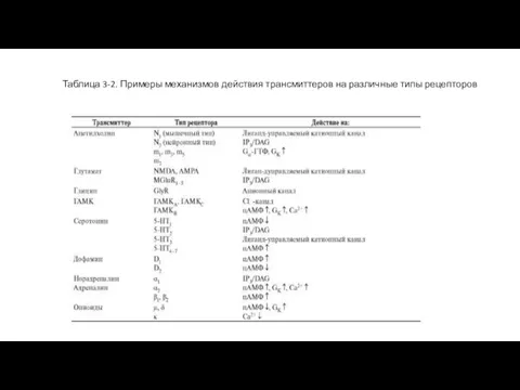 Таблица 3-2. Примеры механизмов действия трансмиттеров на различные типы рецепторов