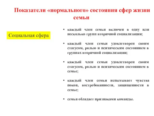 Показатели «нормального» состояния сфер жизни семьи