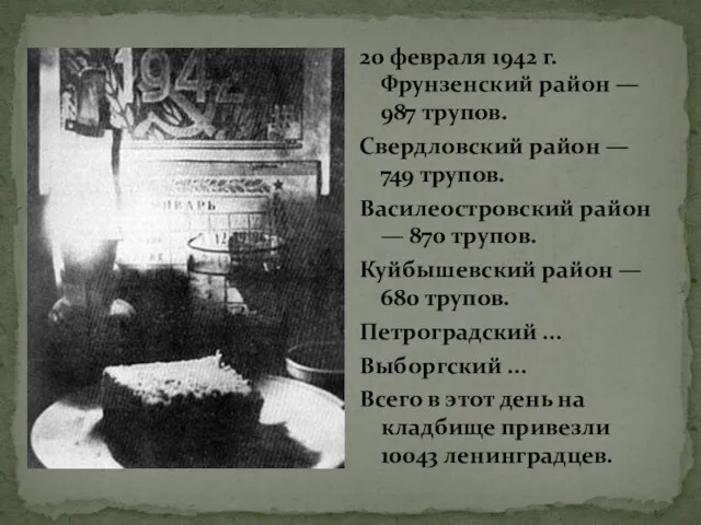 20 февраля 1942 г. Фрунзенский район — 987 трупов. Свердловский район —