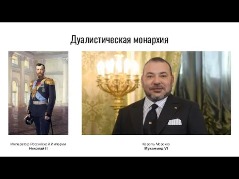 Дуалистическая монархия Император Российской Империи Николай II Король Морокко Мухаммед VI