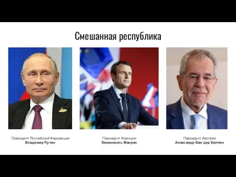 Смешанная республика Президент Российской Федерации Владимир Путин Президент Франции Эмманюэль Макрон Президент