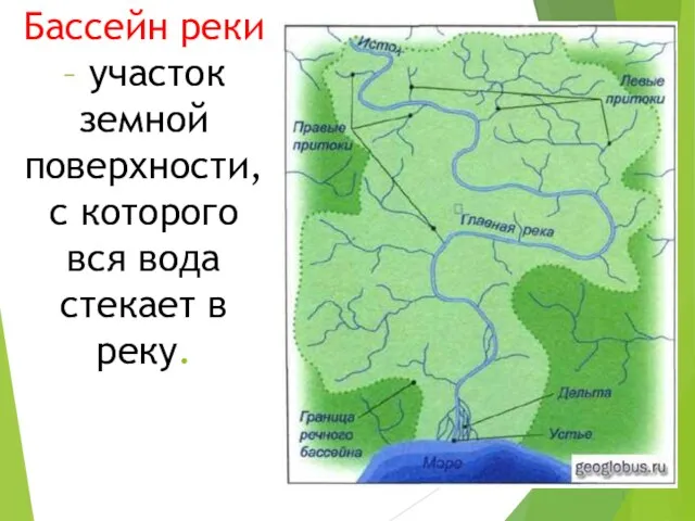 Бассейн реки – участок земной поверхности, с которого вся вода стекает в реку.