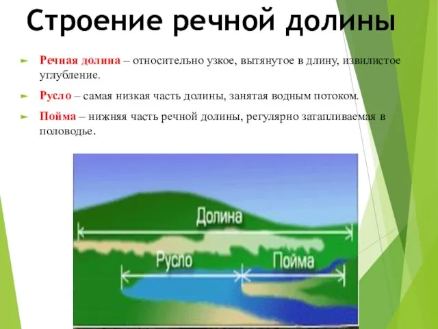 Строение речной долины Речная долина – относительно узкое, вытянутое в длину, извилистое