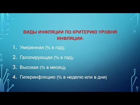 ВИДЫ ИНФЛЯЦИИ ПО КРИТЕРИЮ УРОВНЯ ИНФЛЯЦИИ: Умеренная (% в год); Галопирующая (%