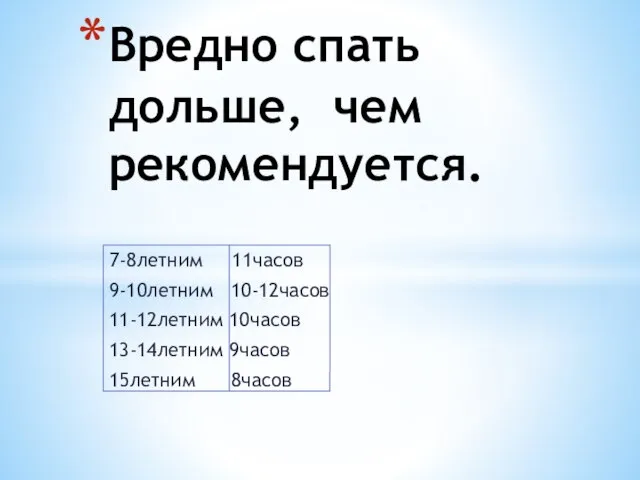 7-8летним 11часов 9-10летним 10-12часов 11-12летним 10часов 13-14летним 9часов 15летним 8часов Вредно спать дольше, чем рекомендуется.