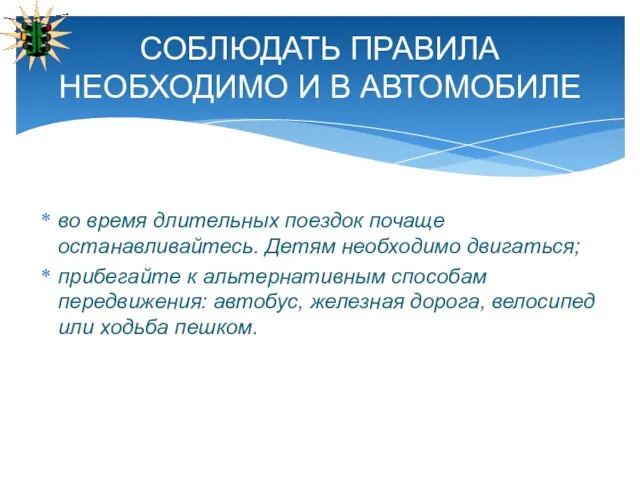 во время длительных поездок почаще останавливайтесь. Детям необходимо двигаться; прибегайте к альтернативным