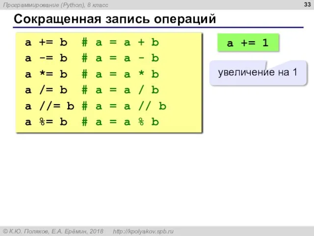 Сокращенная запись операций a += b # a = a + b