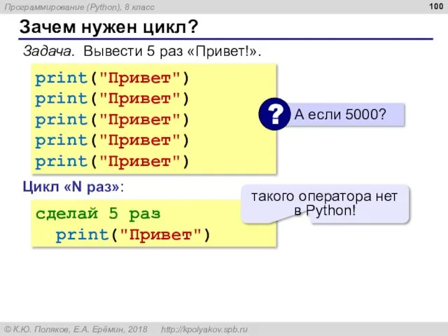 Зачем нужен цикл? Задача. Вывести 5 раз «Привет!». print("Привет") print("Привет") print("Привет") print("Привет")