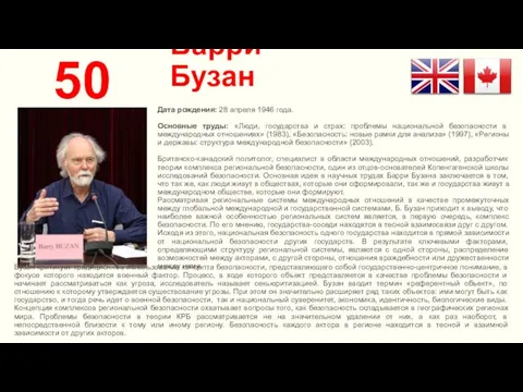 Барри Бузан 50 Дата рождения: 28 апреля 1946 года. Основные труды: «Люди,