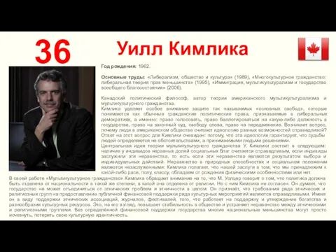 Уилл Кимлика 36 Год рождения: 1962. Основные труды: «Либерализм, общество и культура»