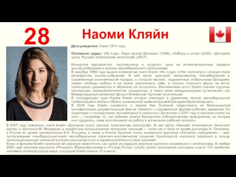 Наоми Кляйн 28 Дата рождения: 8 мая 1970 года. Основные труды: «No