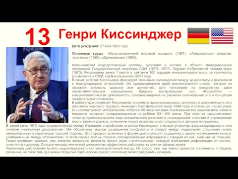 Генри Киссинджер 13 Дата рождения: 27 мая 1923 года. Основные труды: «Восстановленный