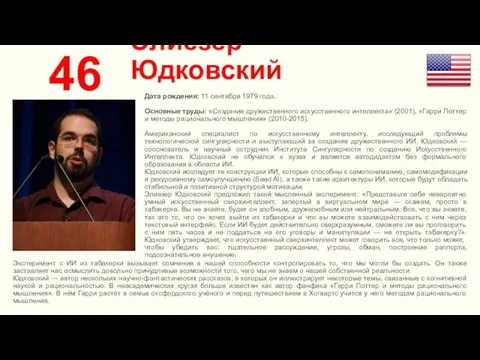 Элиезер Юдковский 46 Дата рождения: 11 сентября 1979 года. Основные труды: «Создание