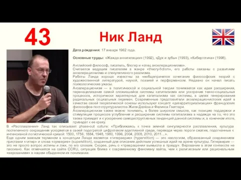 Ник Ланд 43 Дата рождения: 17 января 1962 года. Основные труды: «Жажда