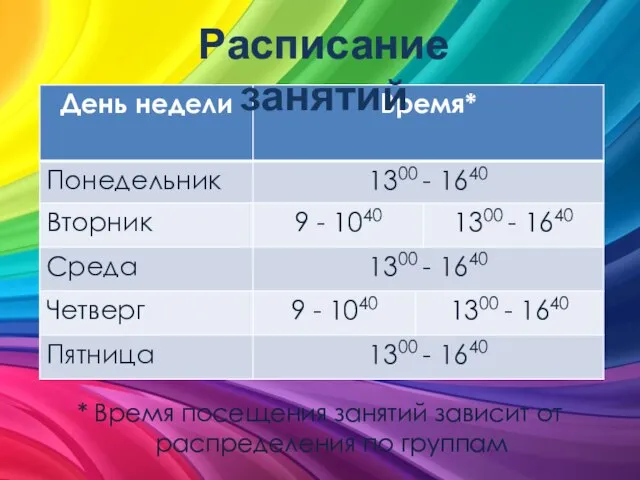 * Время посещения занятий зависит от распределения по группам Расписание занятий