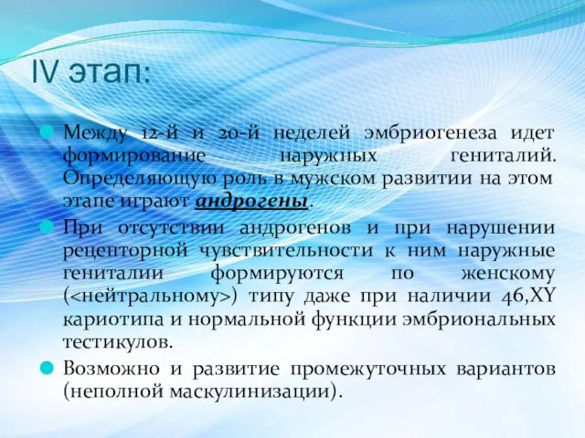 IV этап: Между 12-й и 20-й неделей эмбриогенеза идет формирование наружных гениталий.