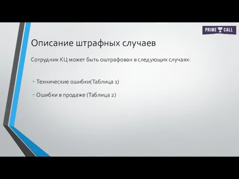 Описание штрафных случаев Сотрудник КЦ может быть оштрафован в следующих случаях: Технические