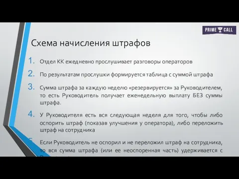 Схема начисления штрафов Отдел КК ежедневно прослушивает разговоры операторов По результатам прослушки