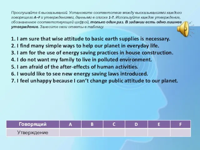 Прослушайте 6 высказываний. Установите соответствие между высказываниями каждого говорящего A–F и утверждениями,
