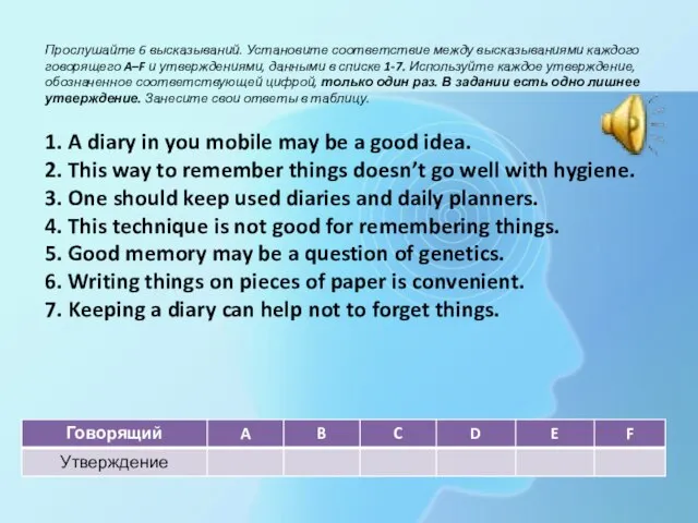 Прослушайте 6 высказываний. Установите соответствие между высказываниями каждого говорящего A–F и утверждениями,