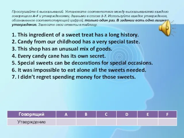 Прослушайте 6 высказываний. Установите соответствие между высказываниями каждого говорящего A–F и утверждениями,