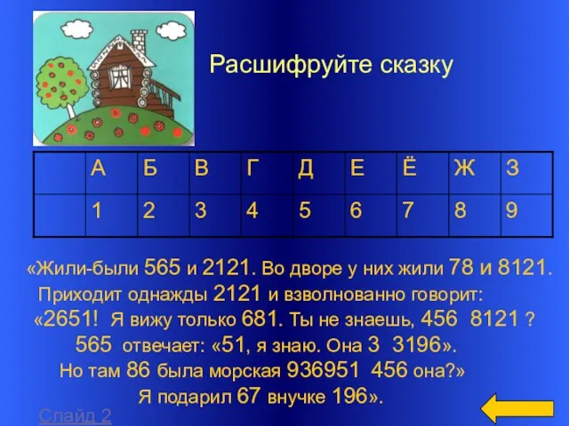 Расшифруйте сказку «Жили-были 565 и 2121. Во дворе у них жили 78